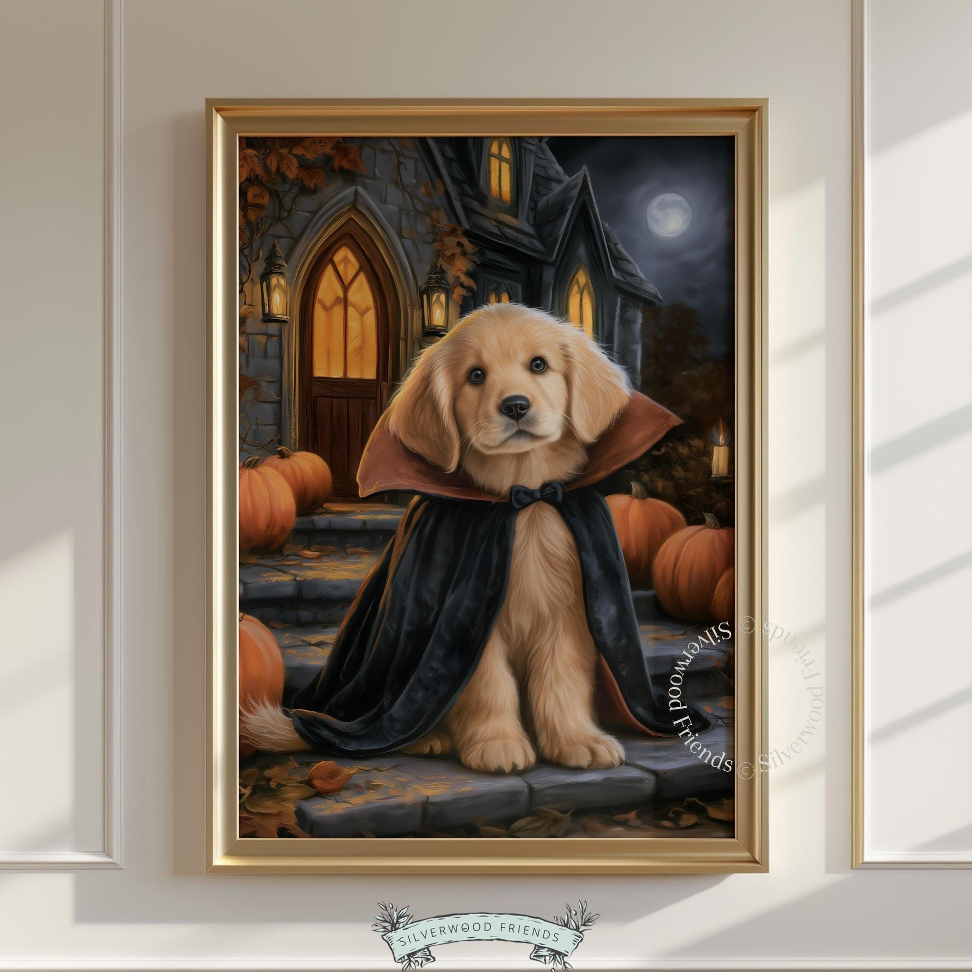 Cute canine in dracula costume instant download print — moody fall evening with stone mansion setting