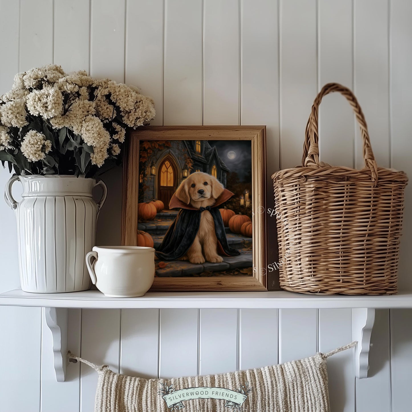 Golden pup vampire cape wall decor for office — cozy spooky aesthetic with glowing lanterns and foliage