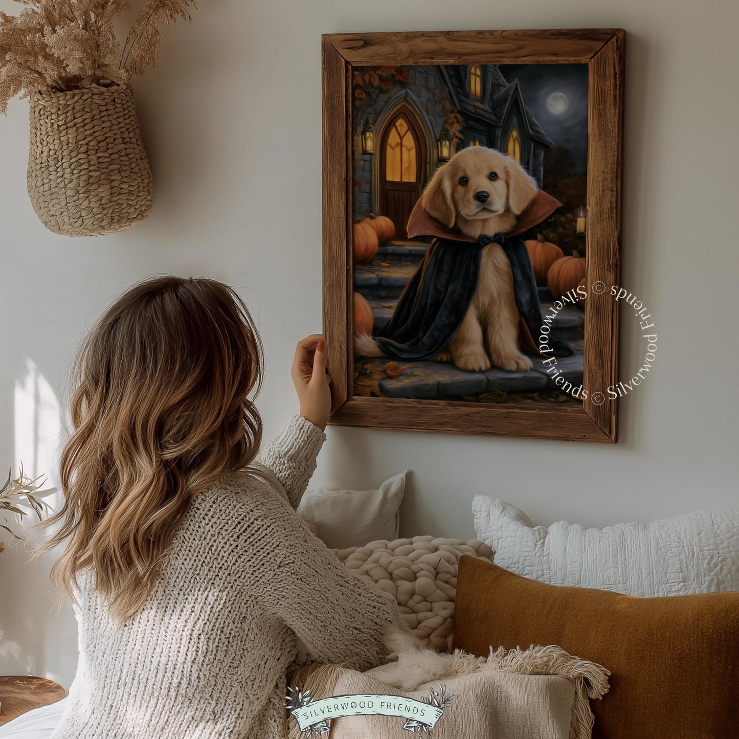 Golden retriever puppy in vampire cape printable art — spooky Halloween portrait with haunted mansion backdrop