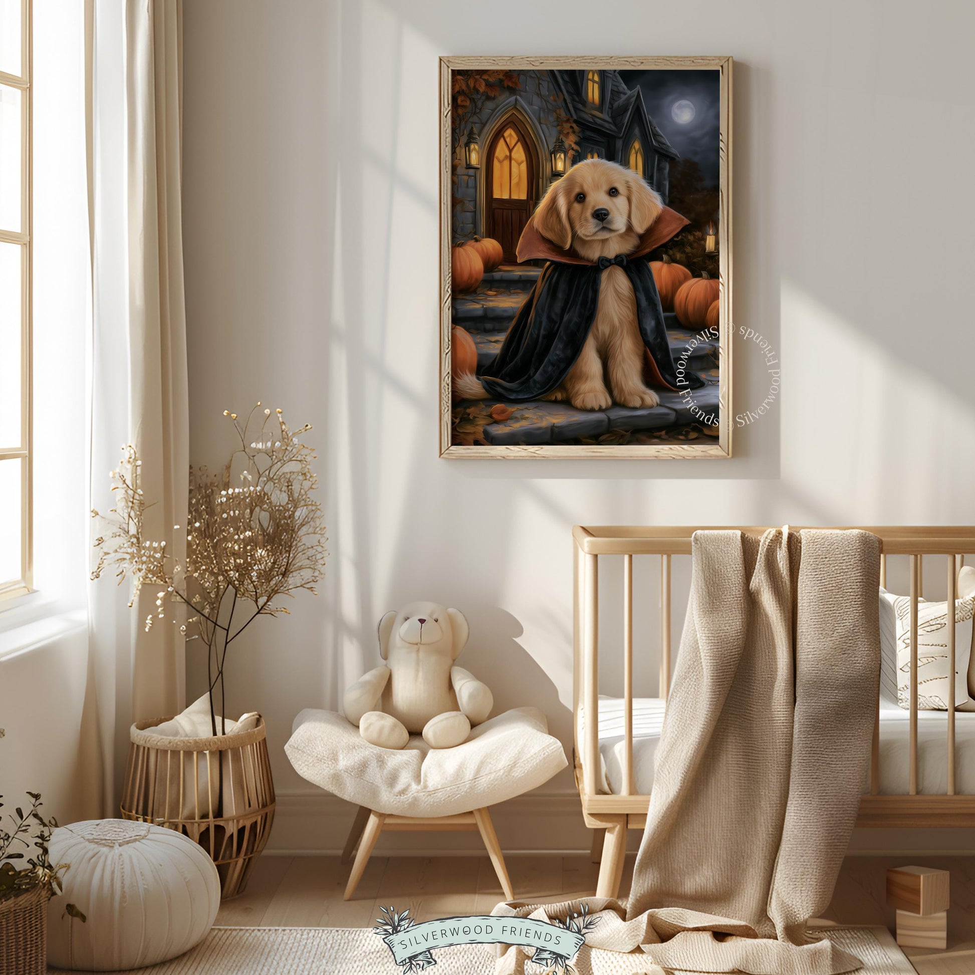 Dog wearing black and red cape printable artwork — moody Halloween night with glowing lantern accents