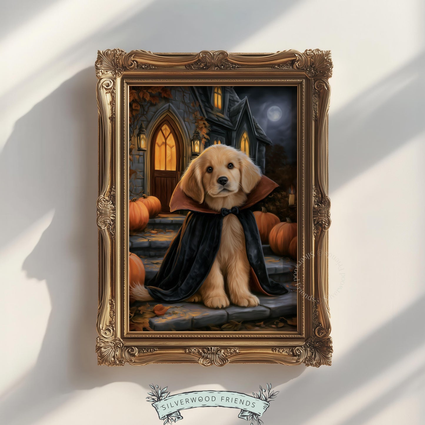 Halloween dog portrait gallery wall art — dramatic cape costume with rich warm tones and dark mood