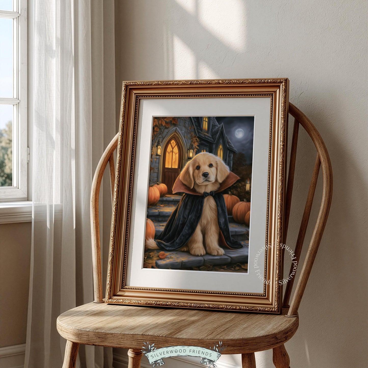 Puppy vampire costume artwork printable for entryway — eerie fall evening with rich moody color palette