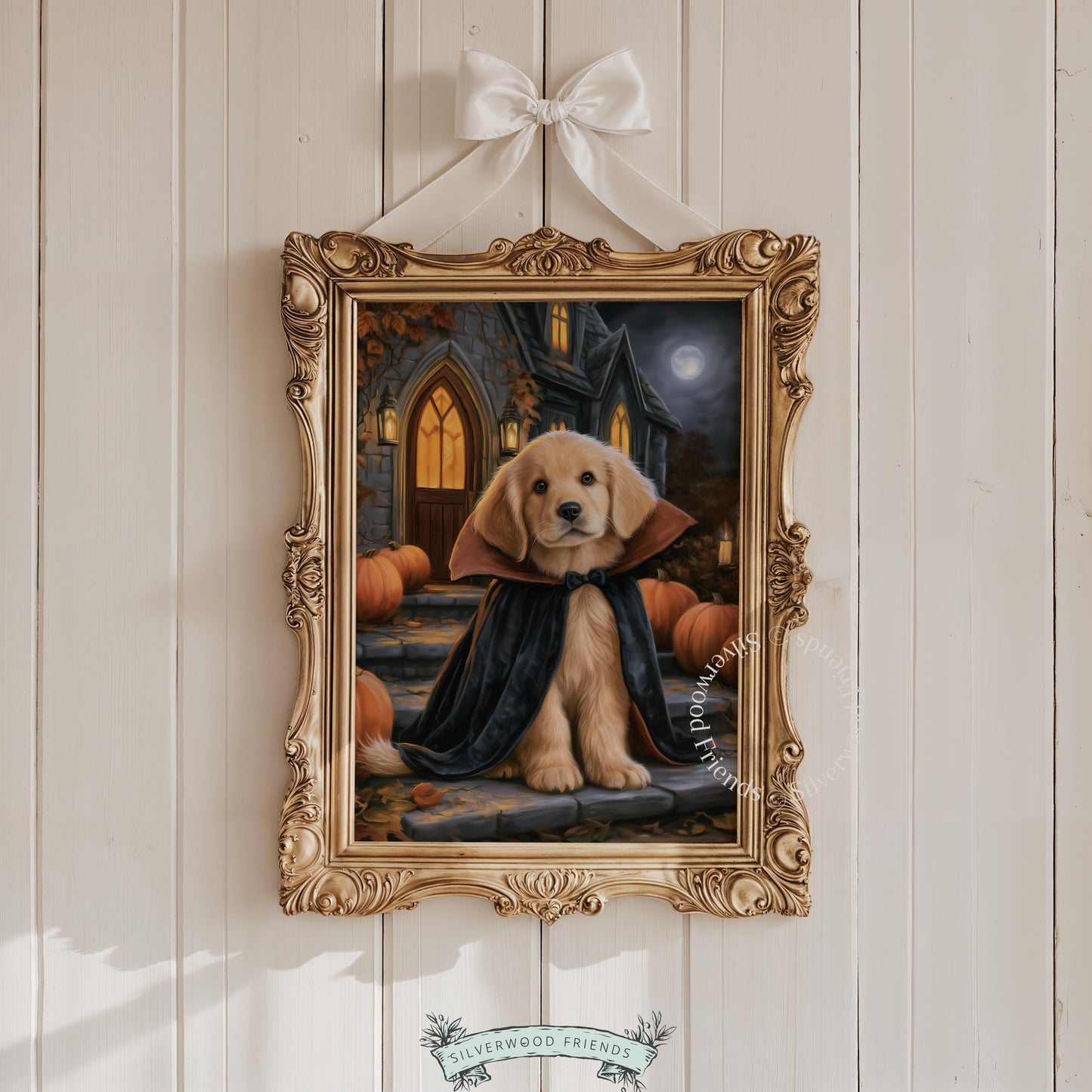 Cute puppy wearing dracula cloak digital print for bedroom — moody autumn night with full moon aesthetic