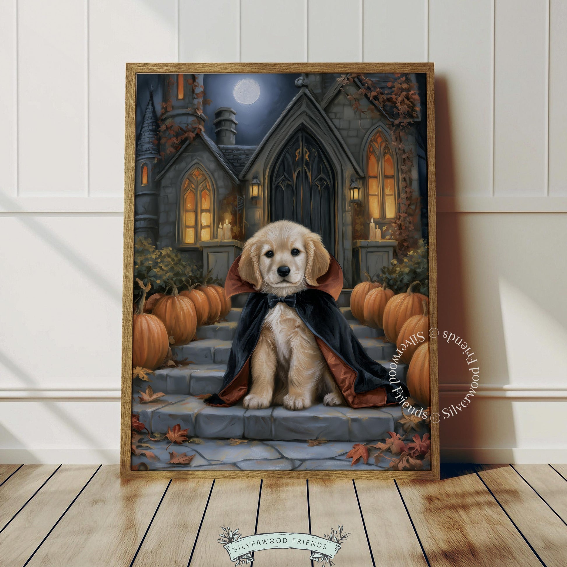 Vampire dog wall art for living room — festive Halloween poster with pumpkins and glowing windows