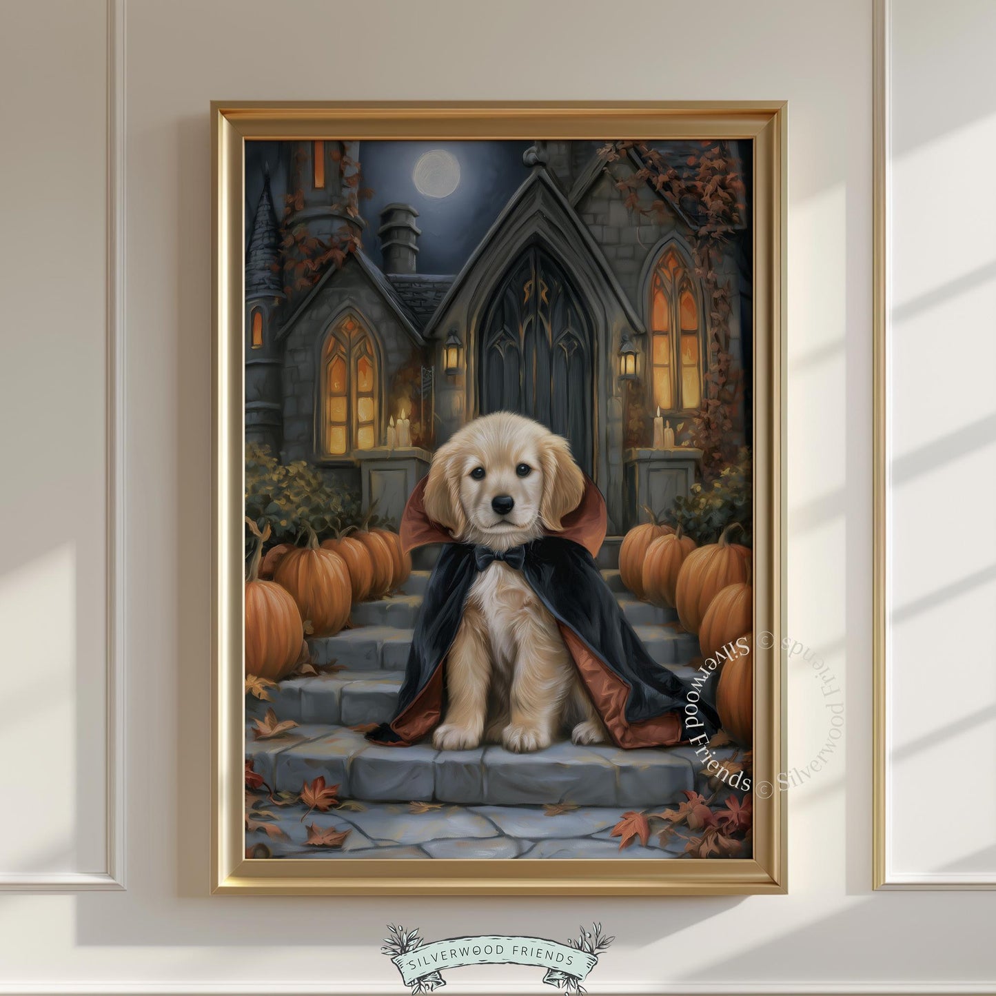 Friendly vampire puppy printable wall decor — richly detailed fall poster with haunted mansion in background