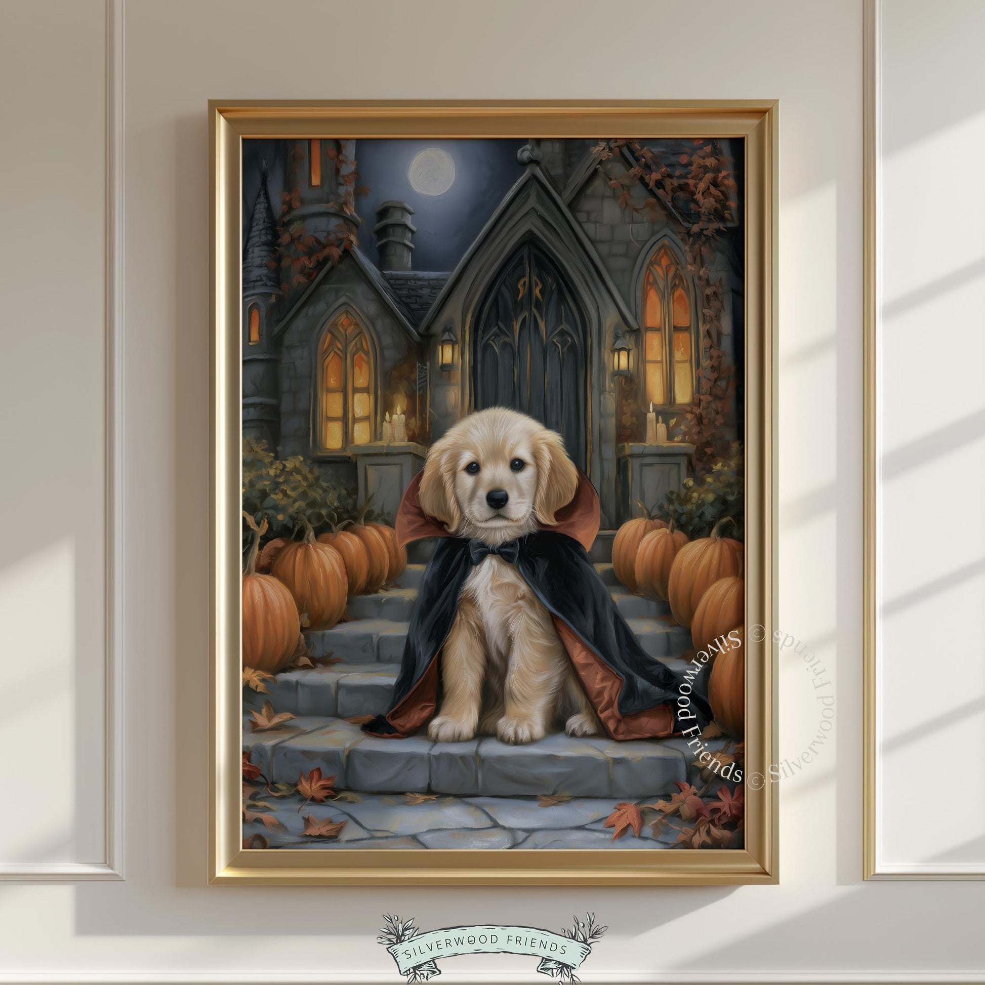 Friendly vampire puppy printable wall decor — richly detailed fall poster with haunted mansion in background