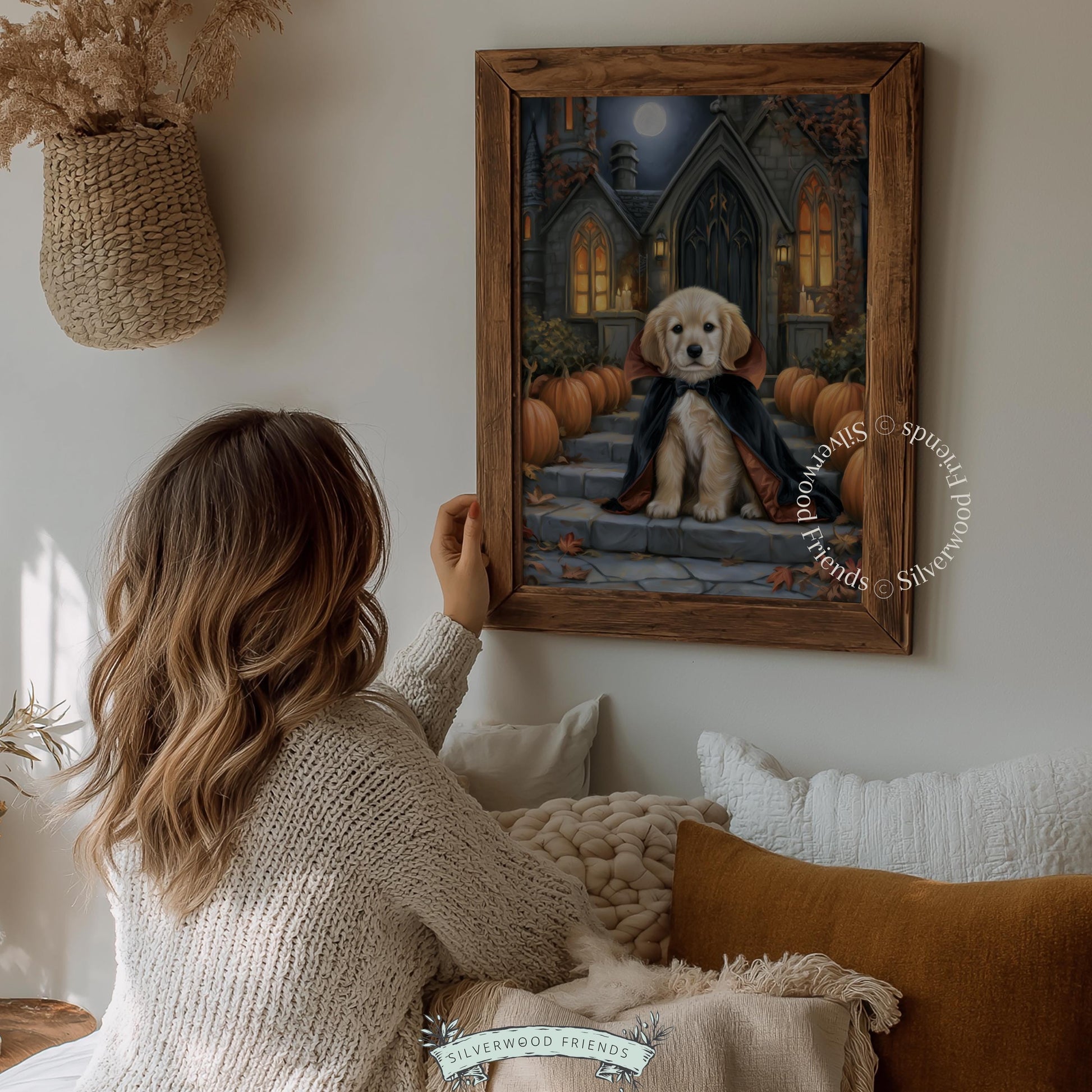 Cute puppy artwork for seasonal wall display — moody autumn painting featuring dog in gothic-inspired cape