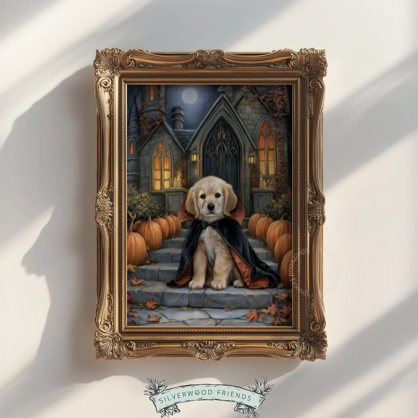 Adorable dog costume digital print for nursery — spooky seasonal aesthetic with warm atmospheric lighting