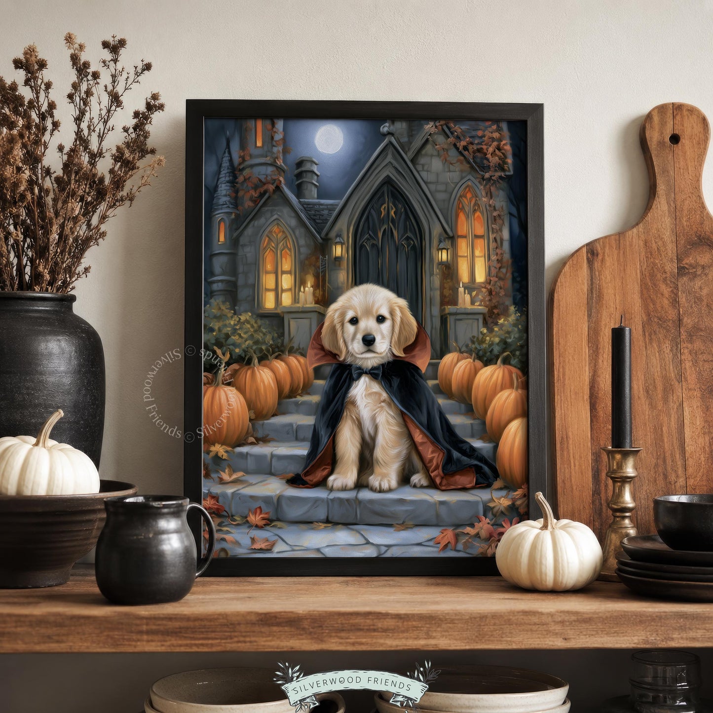 Friendly dog Halloween painting for family room — warm amber glow against dramatic dark setting