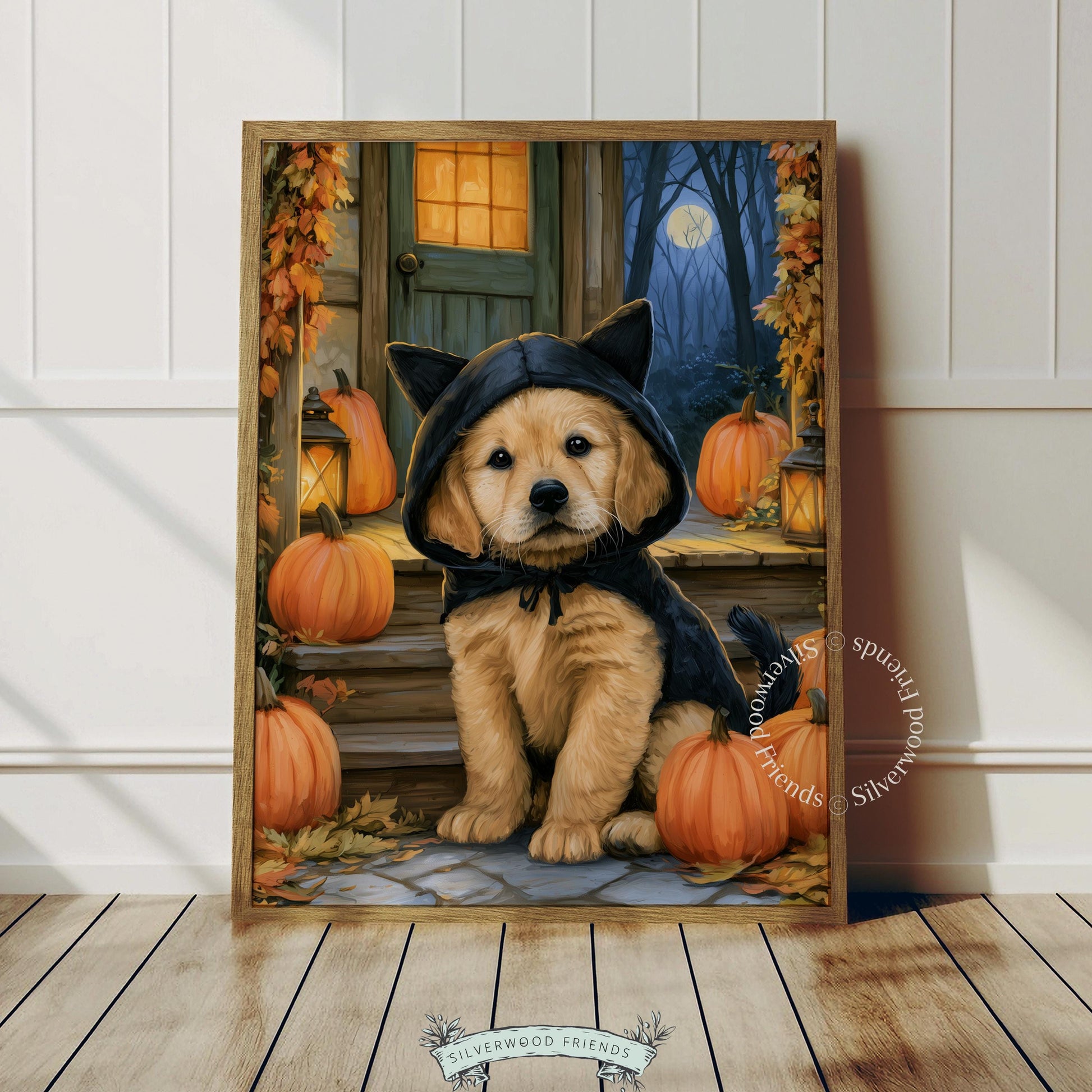 Halloween-themed golden retriever print for gallery wall — detailed storybook illustration with fall elements