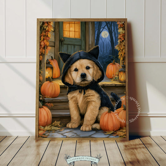 Halloween-themed golden retriever print for gallery wall — detailed storybook illustration with fall elements