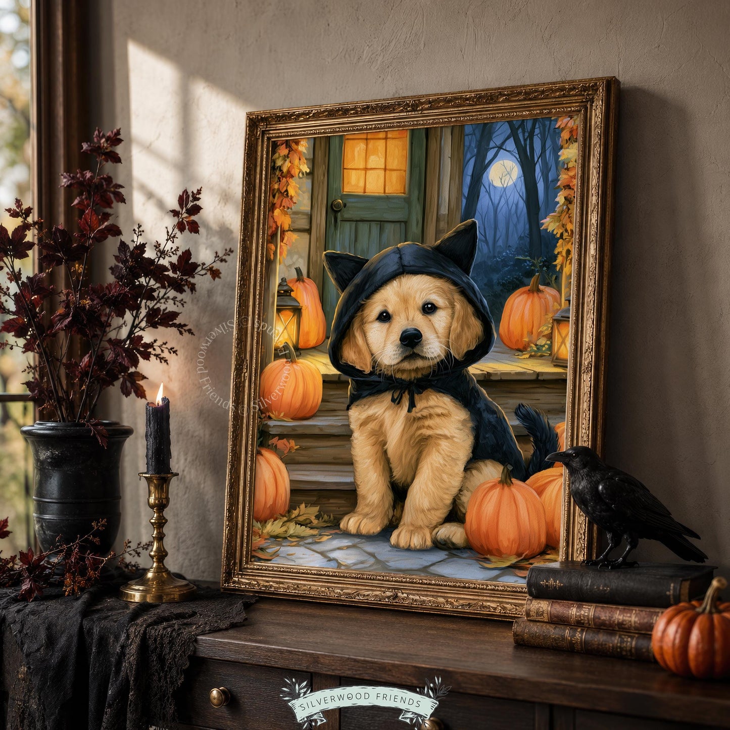 Halloween pet portrait printable art for kitchen — warm rustic cottage setting with moonlit atmosphere