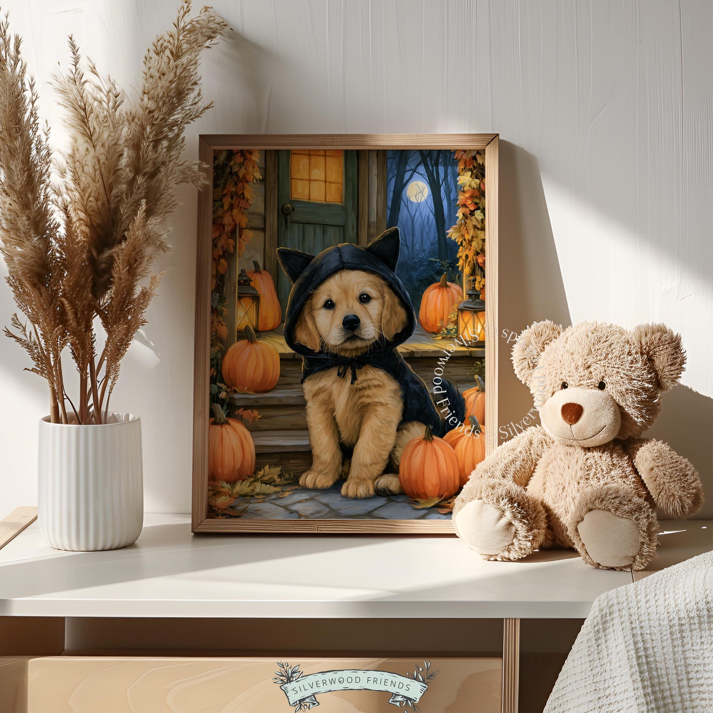 Spooky season puppy poster for bedroom — golden retriever among pumpkins in storybook illustration style