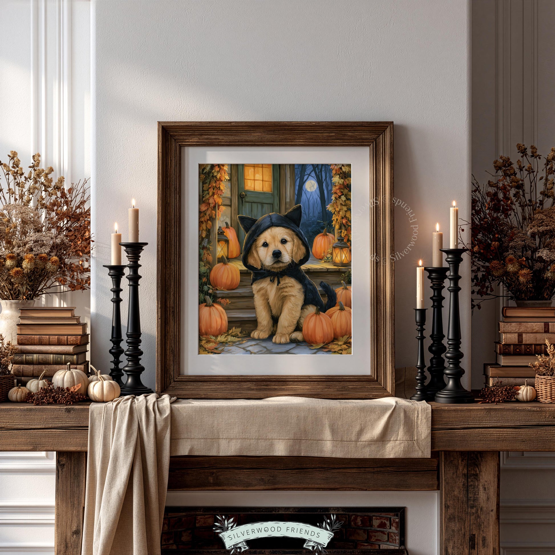 Festive pet artwork digital download for fall bedroom — golden puppy among pumpkins with cottage backdrop