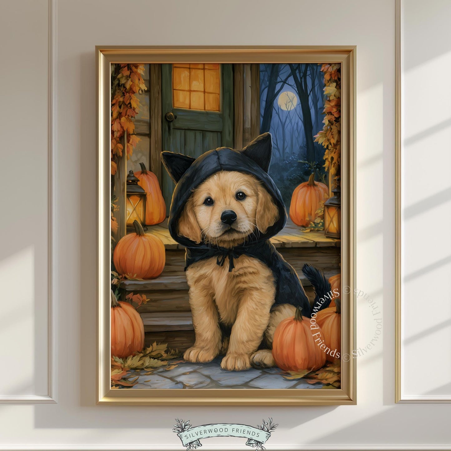 Golden retriever puppy in black cat costume printable art for Halloween bedroom — festive pumpkin porch scene