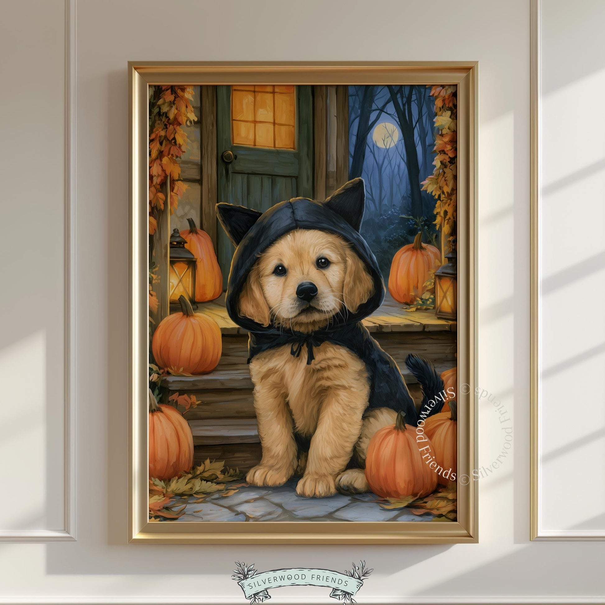 Golden retriever puppy in black cat costume printable art for Halloween bedroom — festive pumpkin porch scene