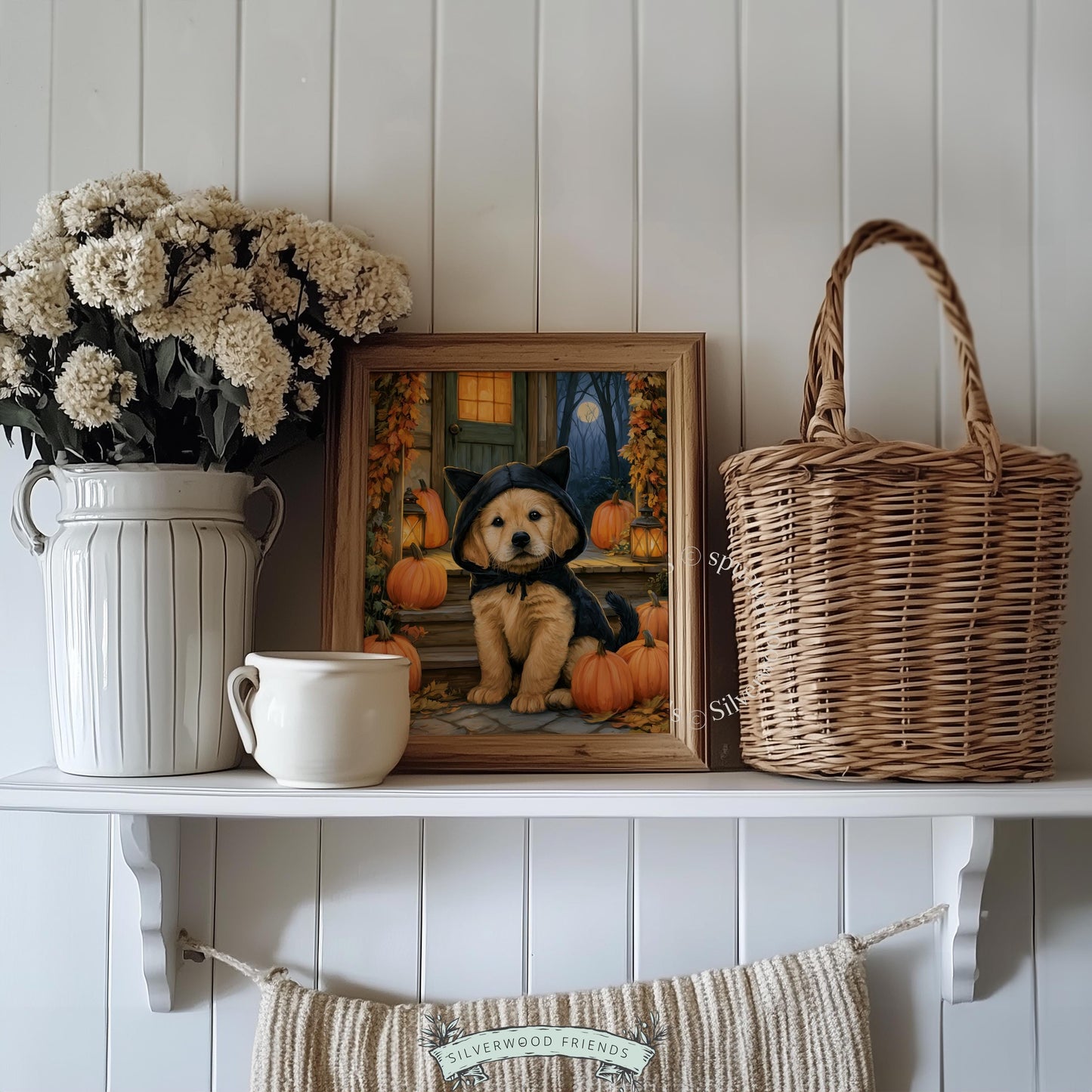 Halloween dog costume painting for nursery — charming rustic porch with fall leaves and lanterns