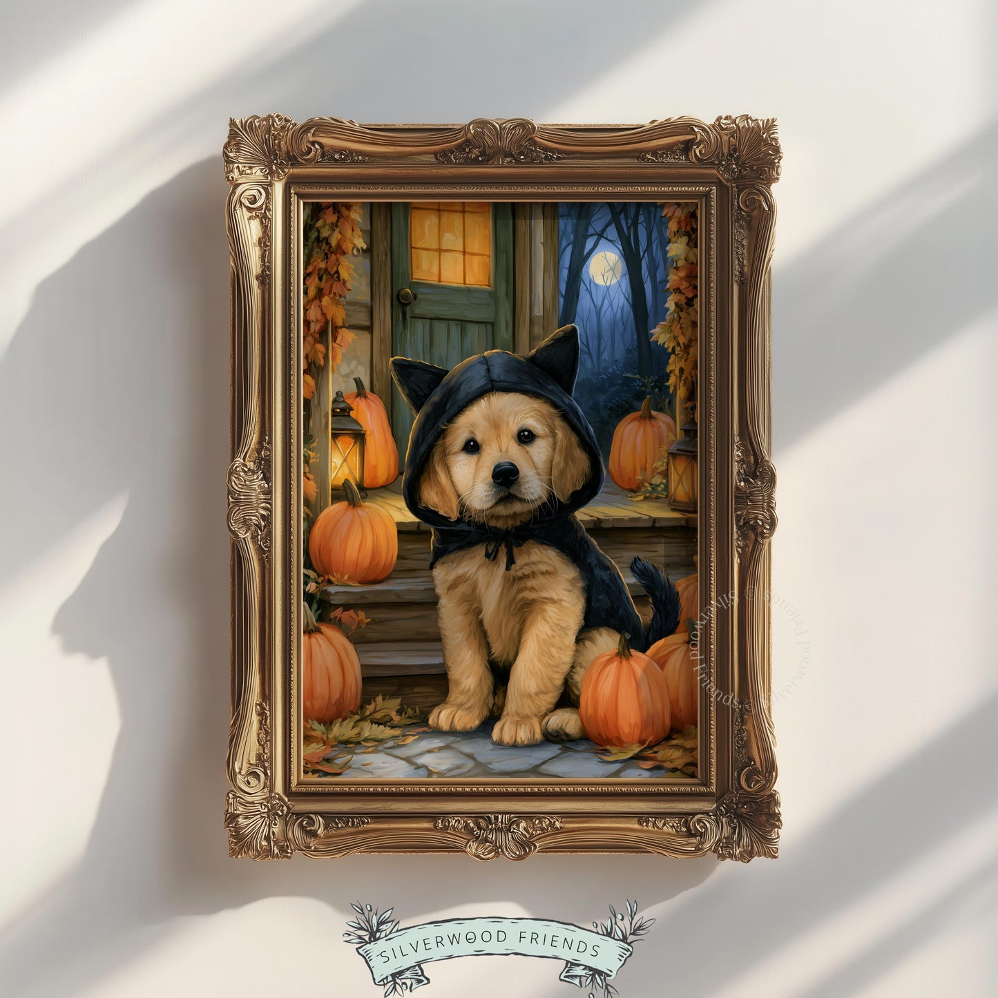 Golden retriever pup dressed as kitten artwork for entryway — storybook style autumn evening mood
