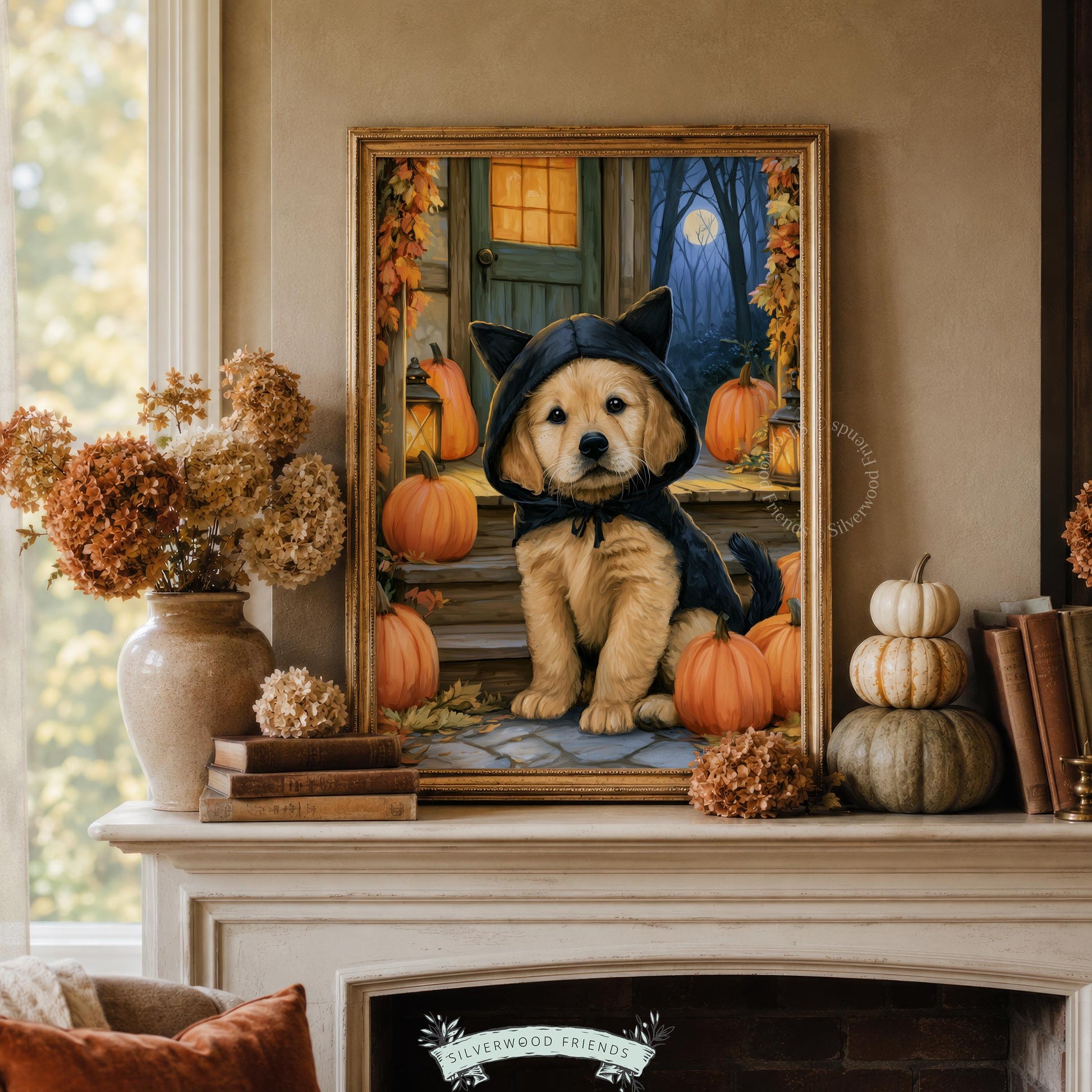 Halloween puppy illustration poster for kids room — adorable golden dog on rustic porch with pumpkins