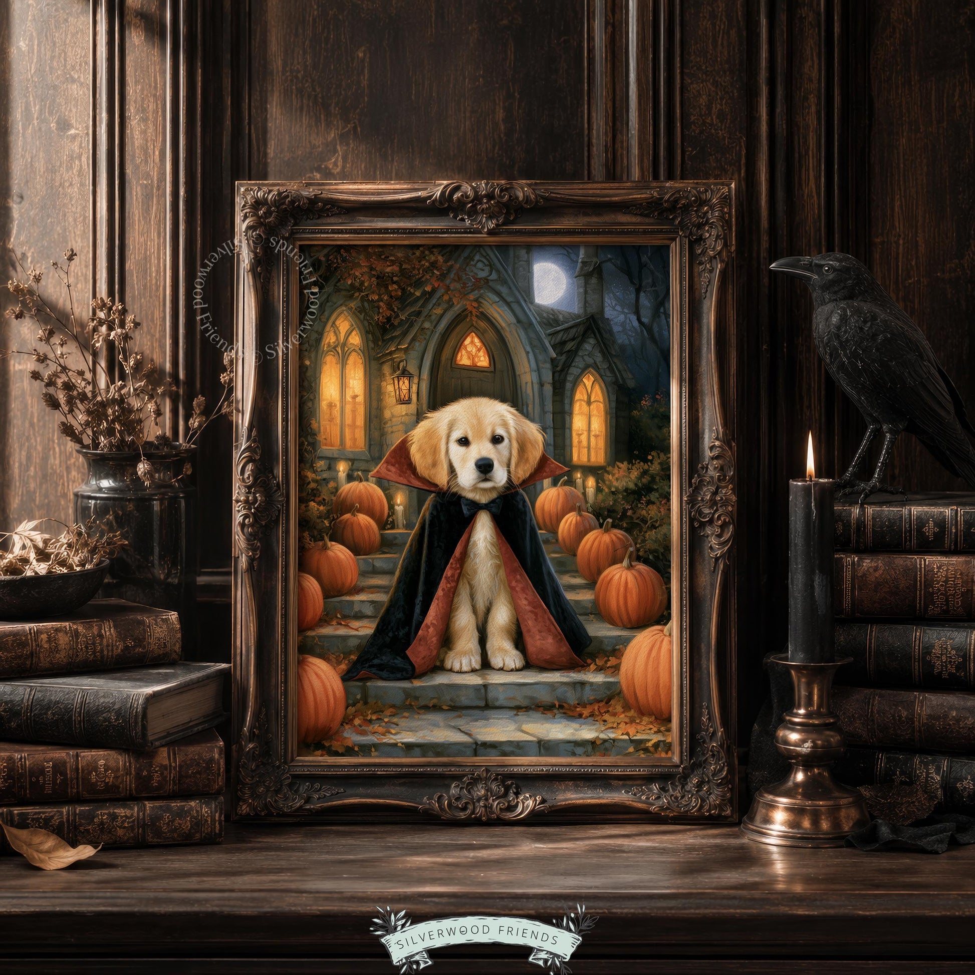 Witchy puppy wall art instant download — dark academia Halloween decor with cute retriever in cape amid glowing autumn pumpkins