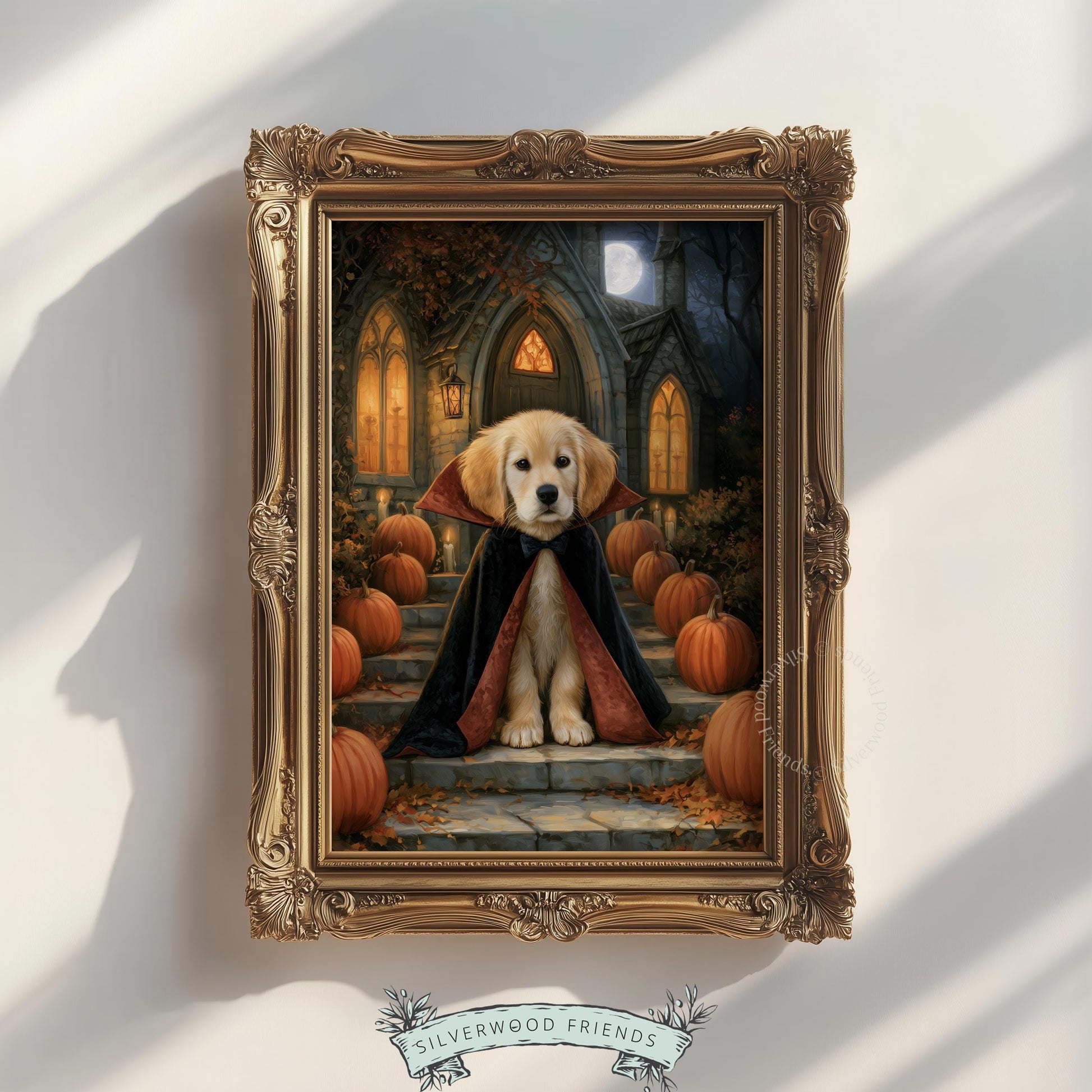 Scary-cute dog wall picture for children's room — golden retriever in costume with pumpkins and glowing windows for cozy Halloween