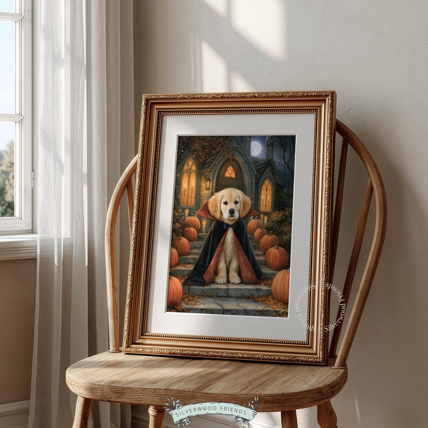 Golden retriever pup dressed up wall print for hallway — festive Halloween digital art with moody vintage aesthetic and candlelit vibes