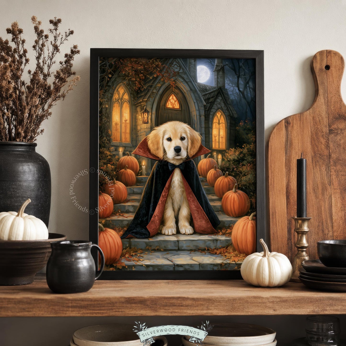 Halloween dog painting instant download — golden retriever dressed as vampire with Gothic stone architecture and moonlight