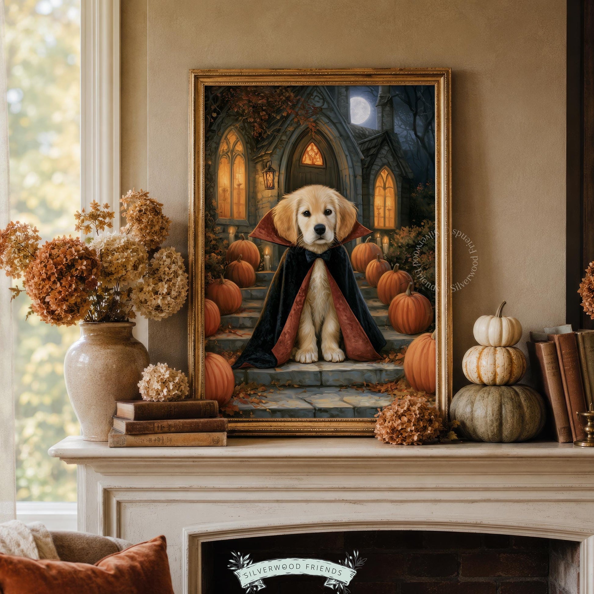 Cute puppy in Dracula costume wall art for bedroom — festive dark academia Halloween decoration with glowing pumpkins