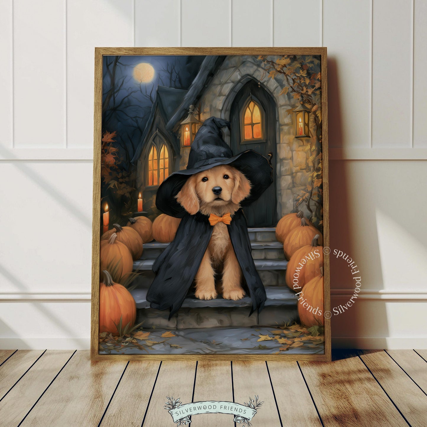 Witchy pup picture for Halloween wall display — cozy autumn aesthetic with rich warm tones, gothic elements, and festive seasonal mood