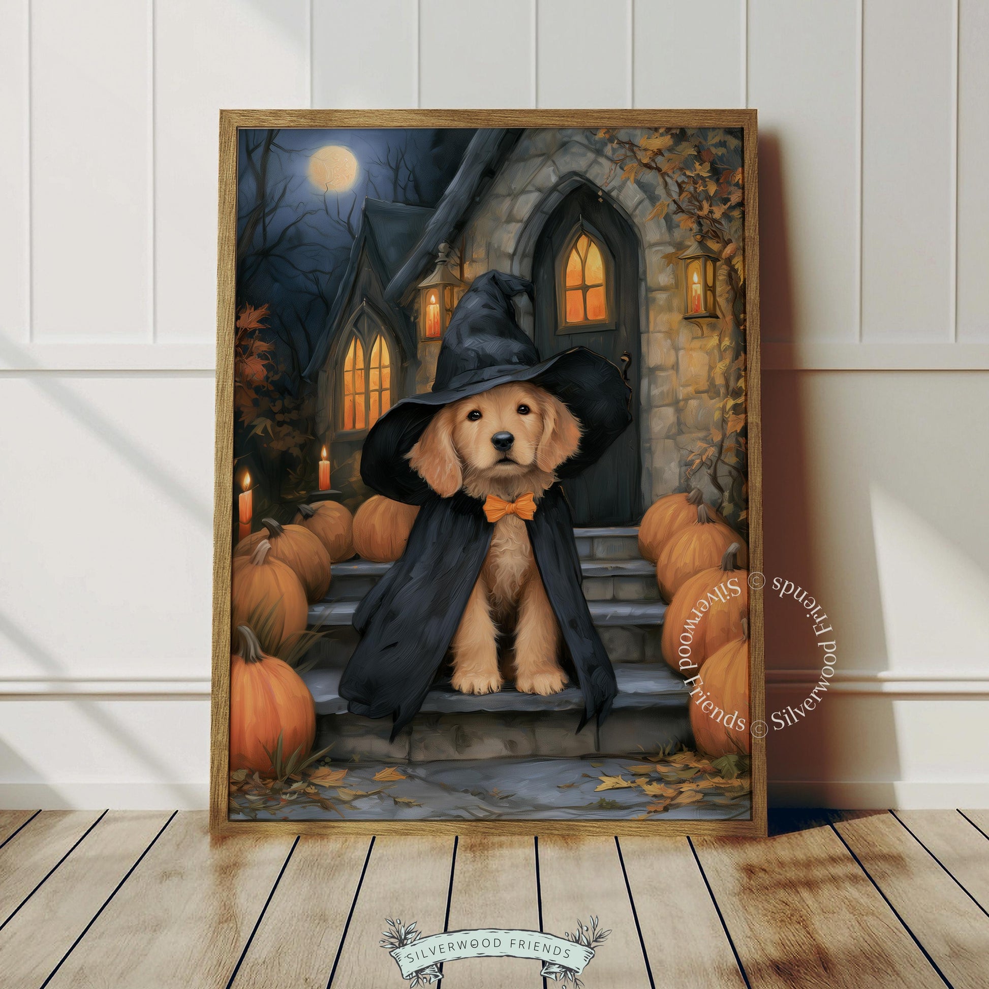 Witchy pup picture for Halloween wall display — cozy autumn aesthetic with rich warm tones, gothic elements, and festive seasonal mood