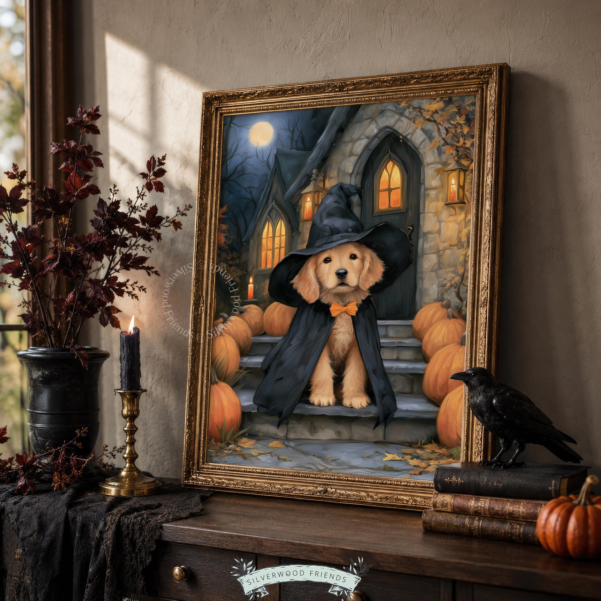 Adorable pup witch hat digital print for living room — cozy autumn evening scene with gothic stone architecture and full moon