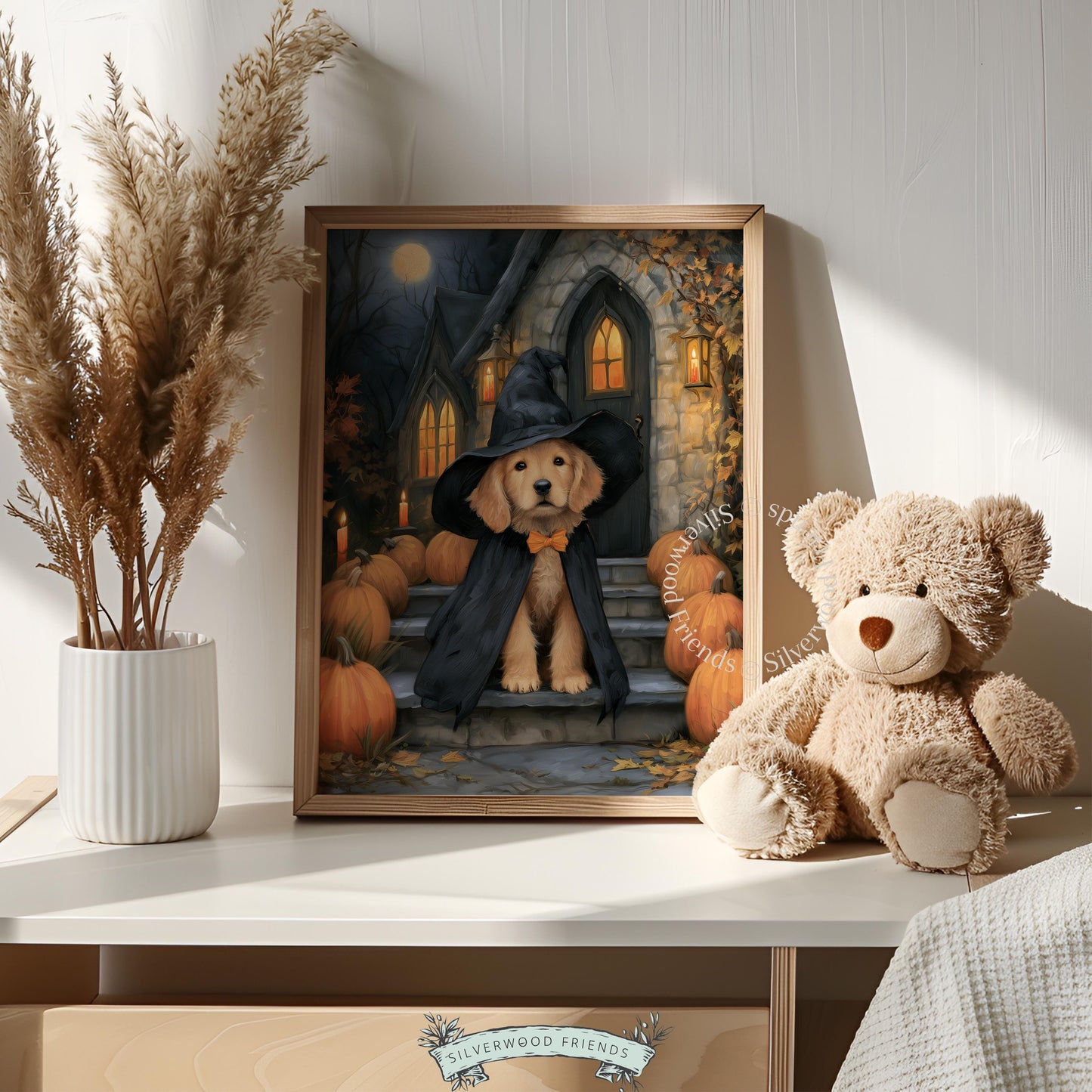 Cute puppy in black cape Halloween poster — instant download art with spooky yet charming mood for seasonal home displays