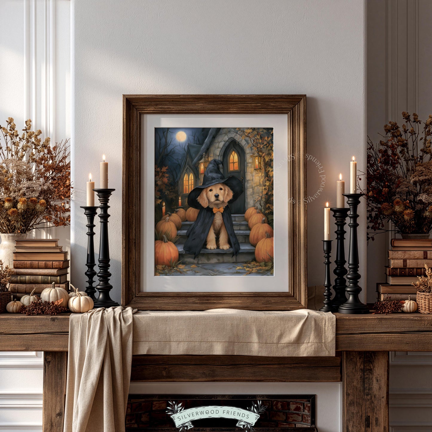 Witch-themed retriever digital download wall art — cozy Halloween printable with candlelit gothic ambiance and autumn charm