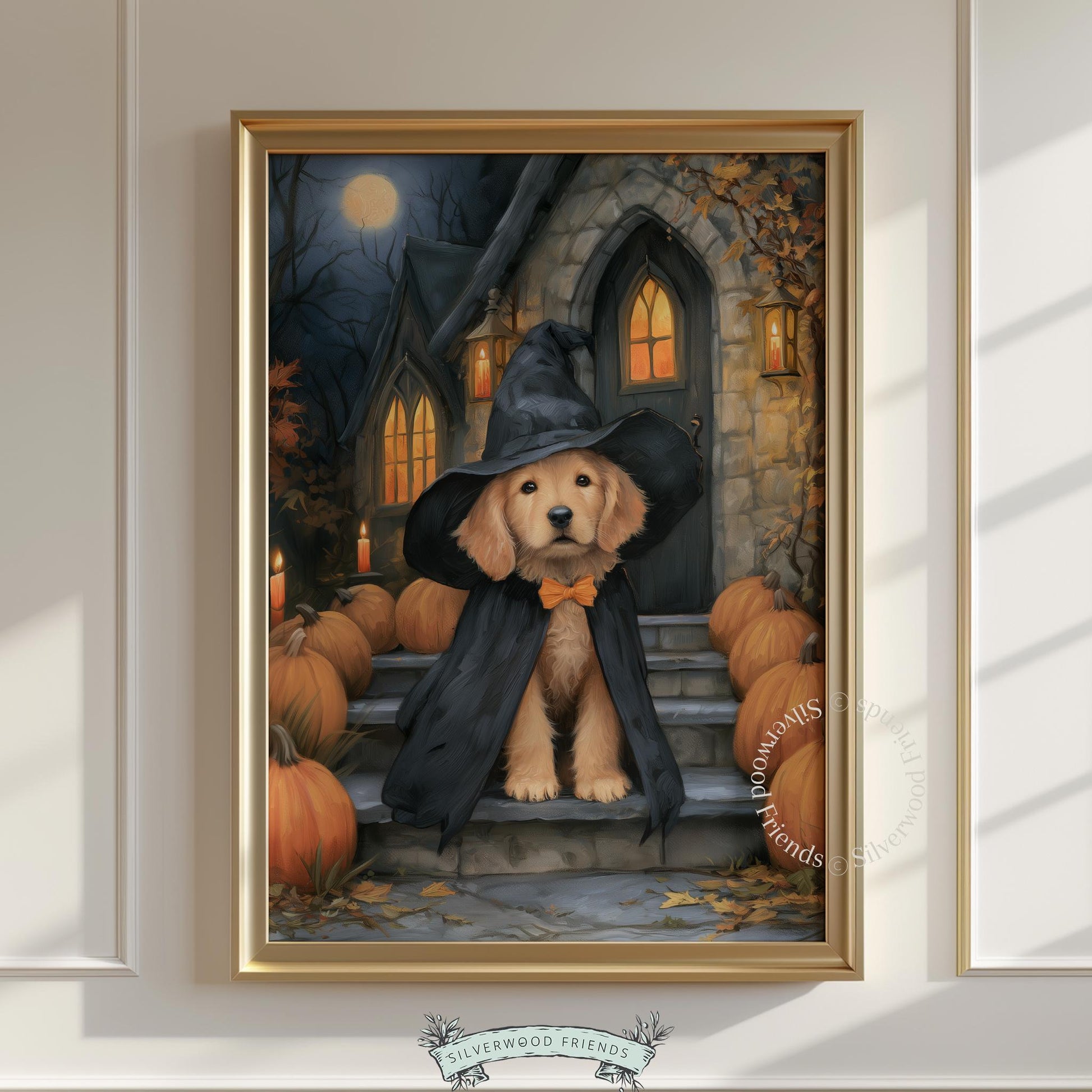 Costumed canine digital art poster — cozy fall evening scene with rich painterly details and glowing jack-o'-lantern ambiance