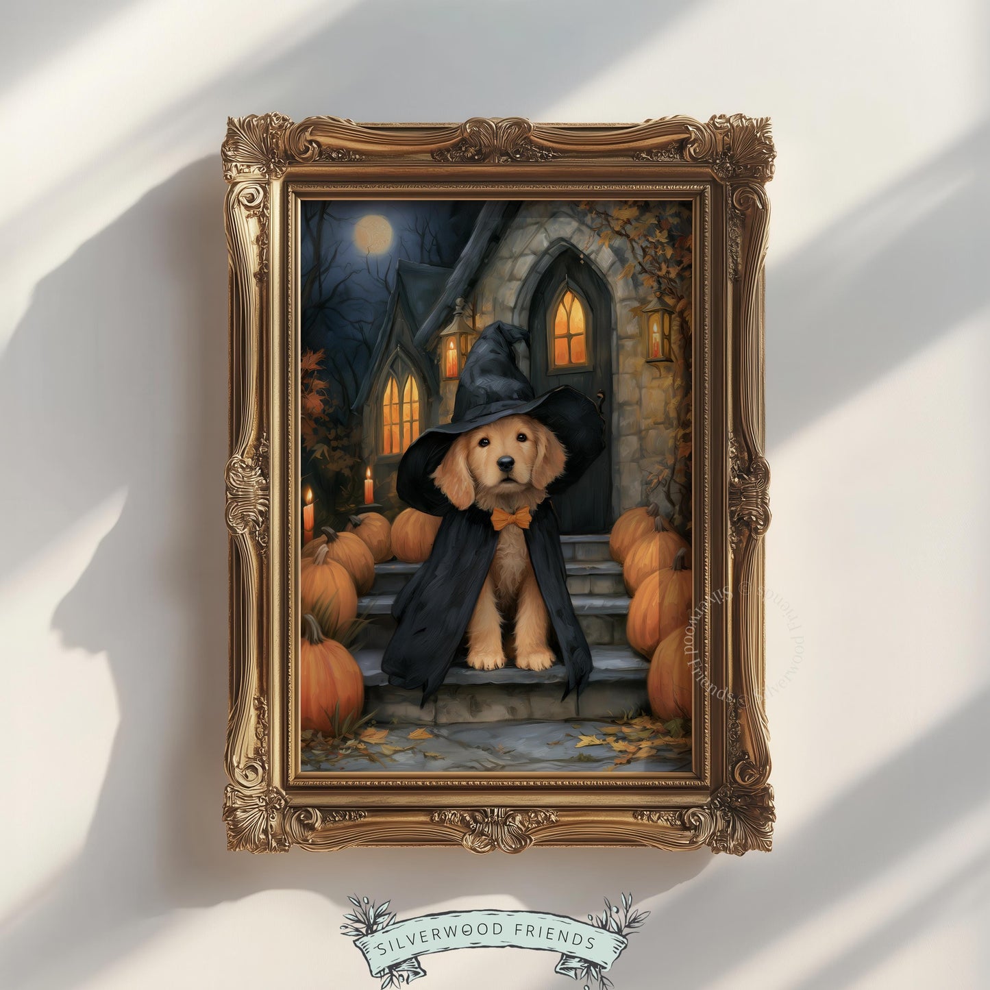 Golden pup Halloween wall art — instant digital download featuring candlelit spooky-cute aesthetic with gothic countryside setting