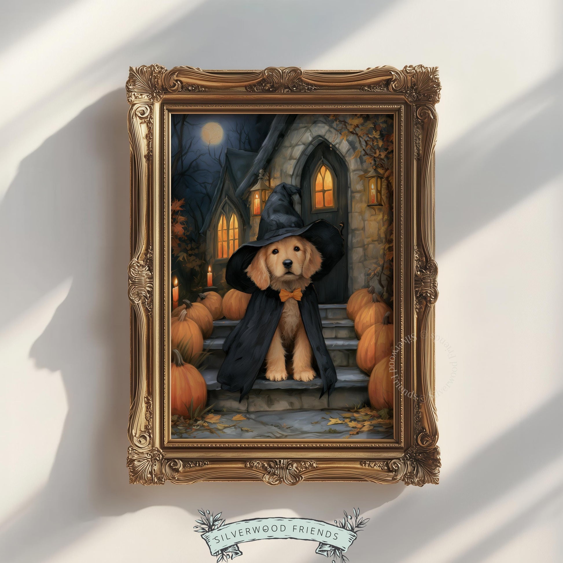Golden pup Halloween wall art — instant digital download featuring candlelit spooky-cute aesthetic with gothic countryside setting