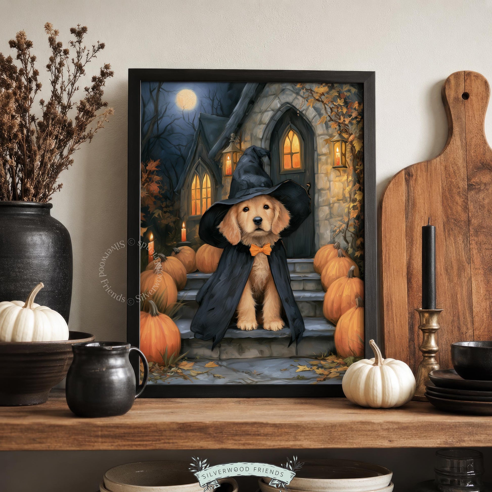 Witchy dog illustration wall decor for hallway — painterly style with rich shadows, bare branches, and warming candleglow effect