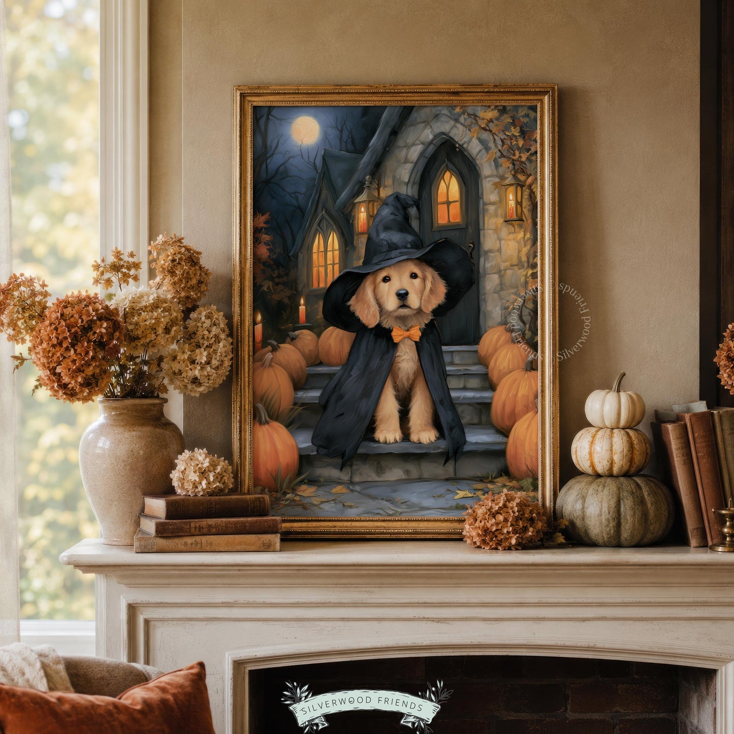 Puppy in Halloween costume illustration poster for gallery wall — warm glowing candles against moody dark night sky backdrop