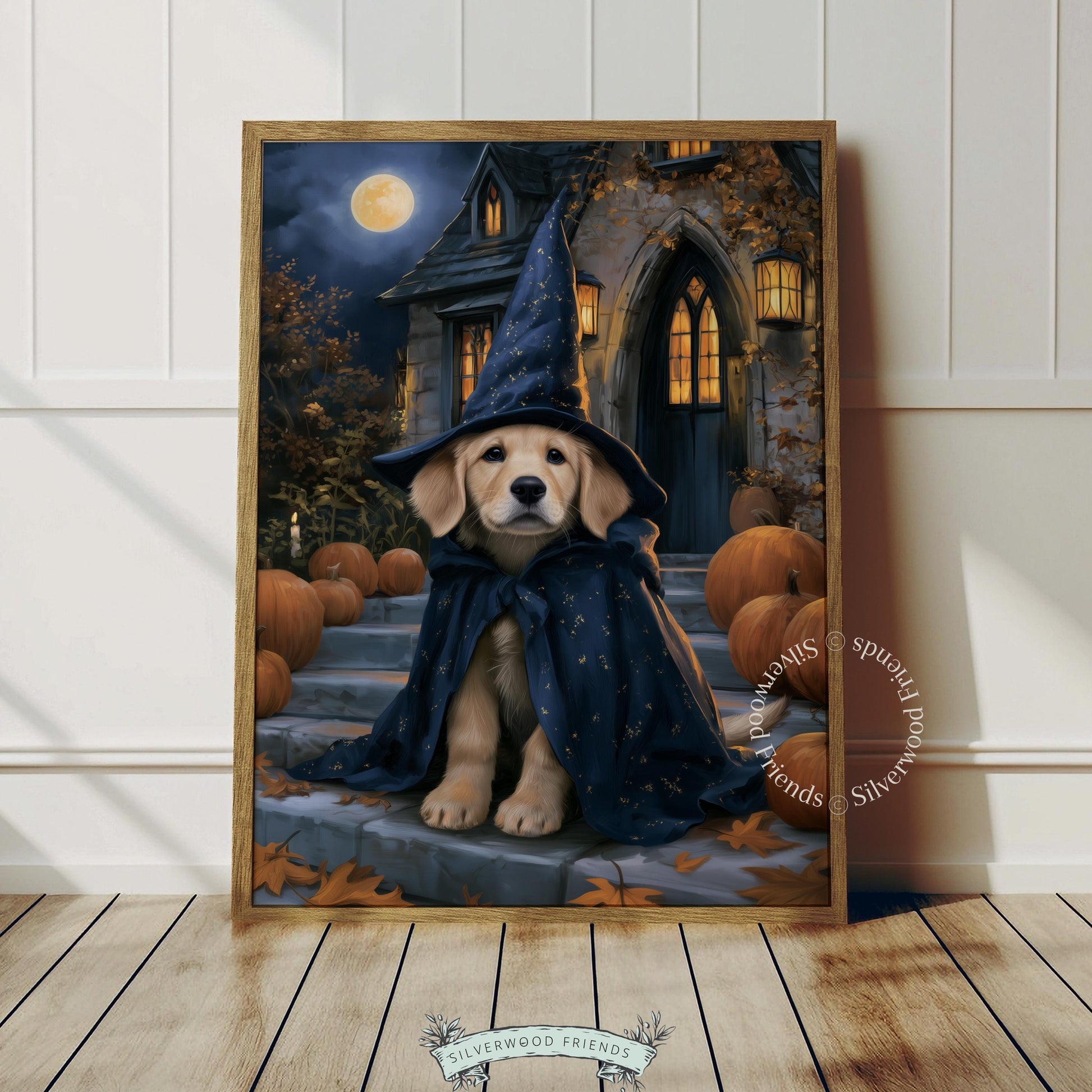 Golden retriever Halloween picture for entryway — cozy autumn aesthetic with witch hat and autumn leaves