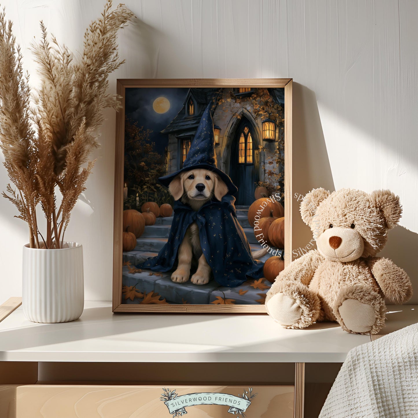 Halloween dog artwork for entryway — cozy fall wall print with atmospheric gothic background