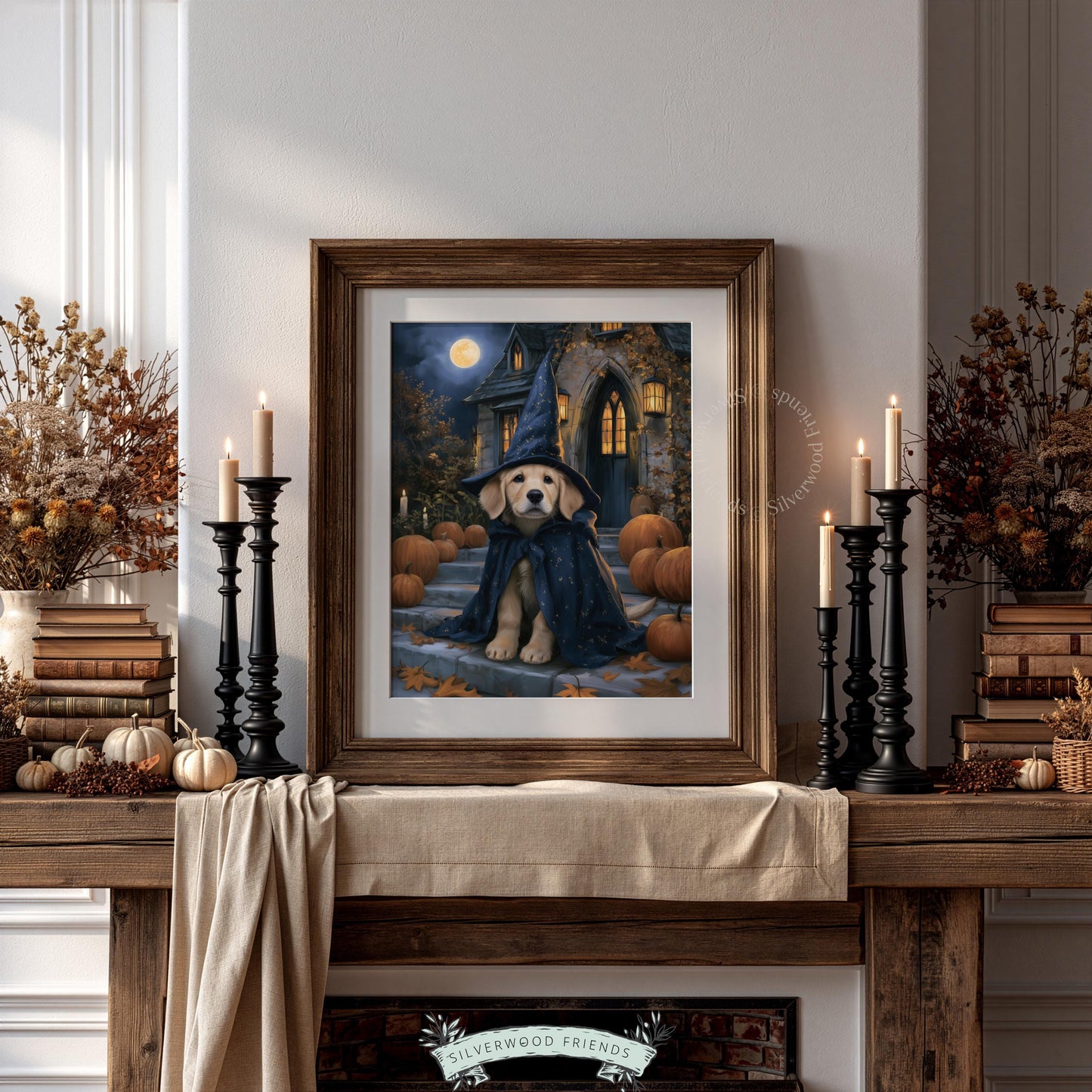 Dog witch costume wall picture — fall hosting artwork featuring charming puppy and spooky setting