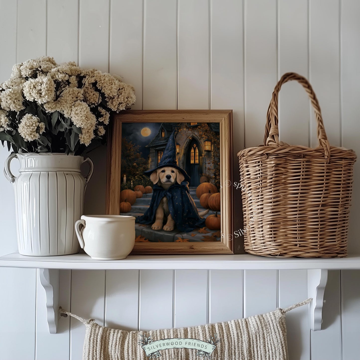 Dog witch costume digital print for bedroom — moody seasonal artwork with charming dark tones