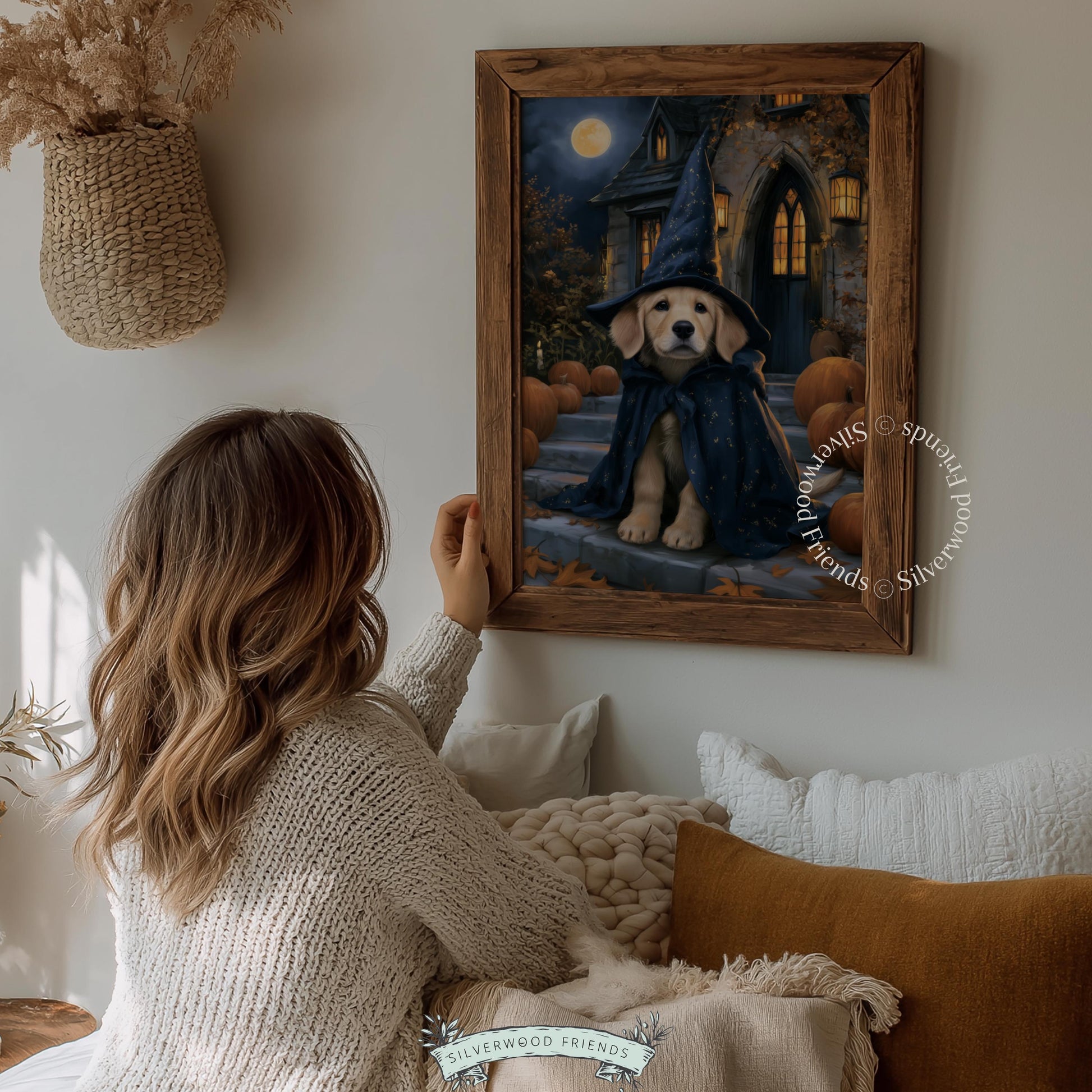 Puppy Halloween printable art for home — witchy-themed digital download with haunted house backdrop