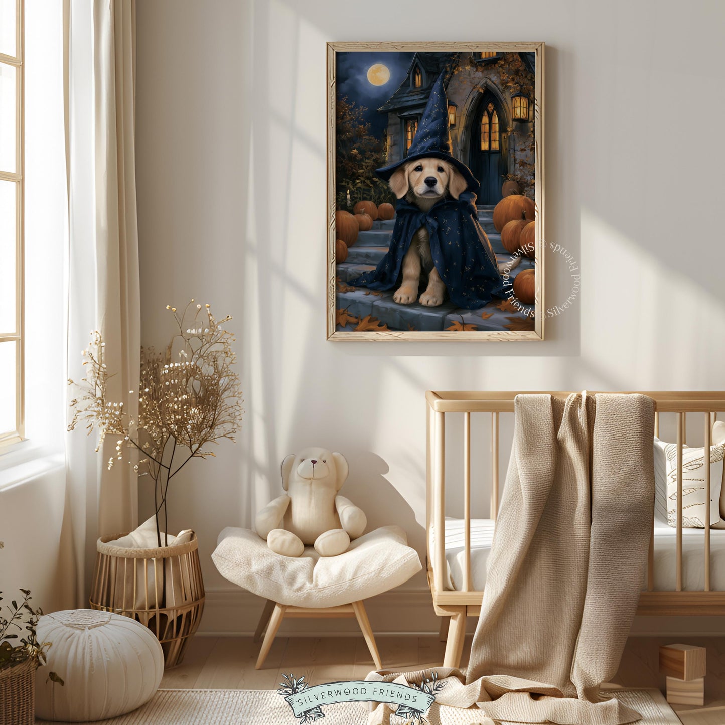Golden dog witch costume painting for bedroom — spooky season wall art with warm glowing accents