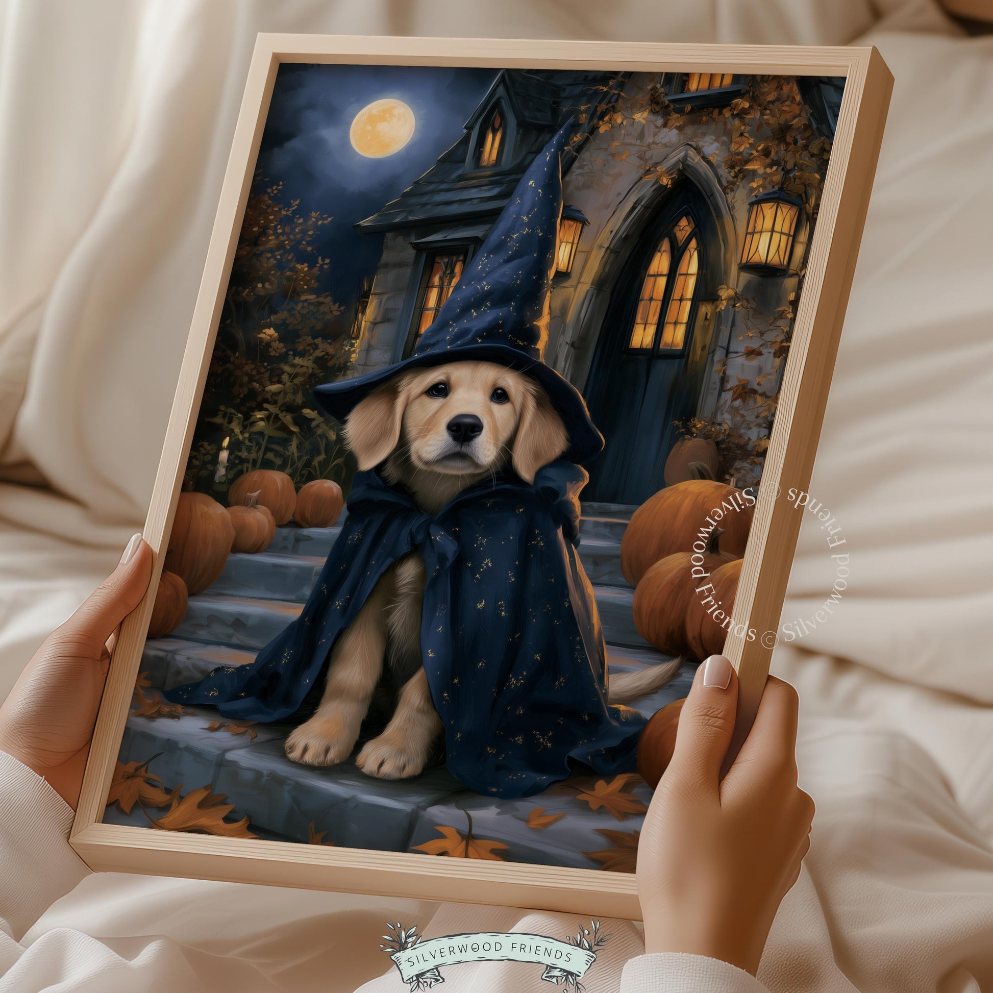 Adorable retriever spooky portrait printable art — witchy autumn wall decor with enchanted house background