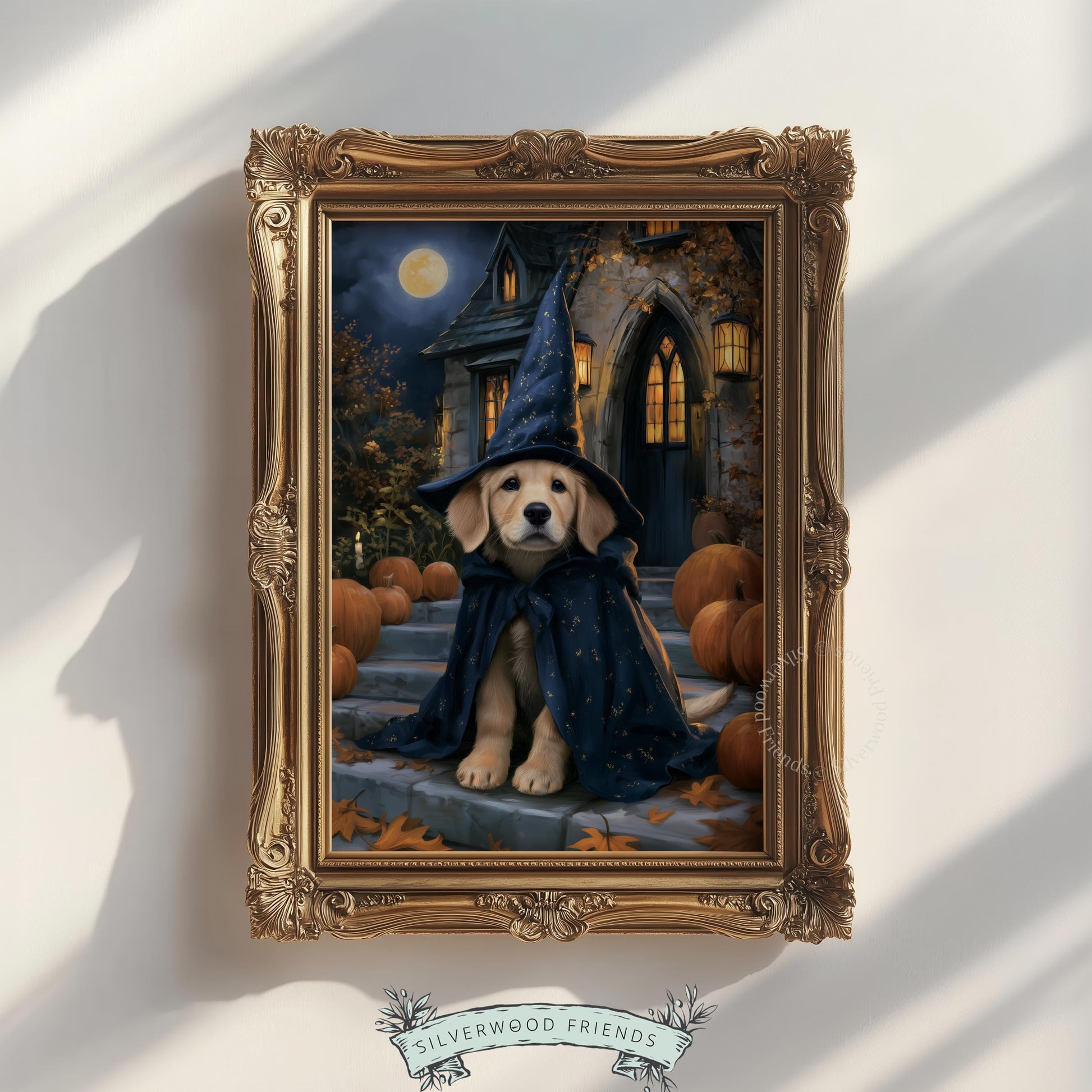 Adorable dog wearing navy witch costume printable art — festive autumn wall art with glowing pumpkin details