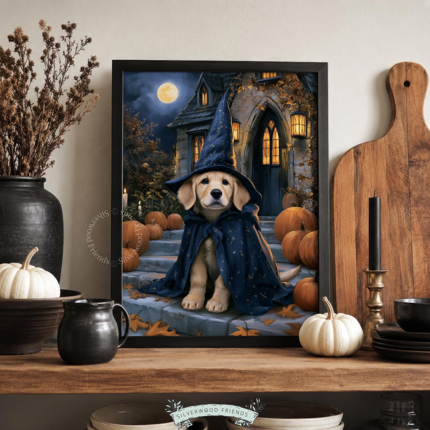 Dog in witch hat digital artwork for gallery wall — dark moody Halloween aesthetic with cozy vibes
