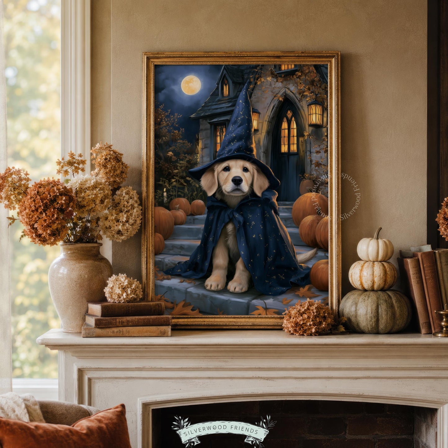Cute puppy Halloween picture poster art — festive fall wall decor with pumpkins and stormy sky