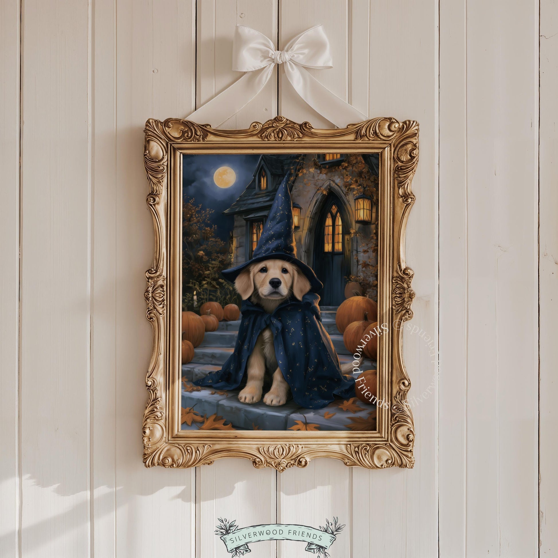 Adorable golden dog Halloween wall art — instant download spooky-cute poster with autumn theme