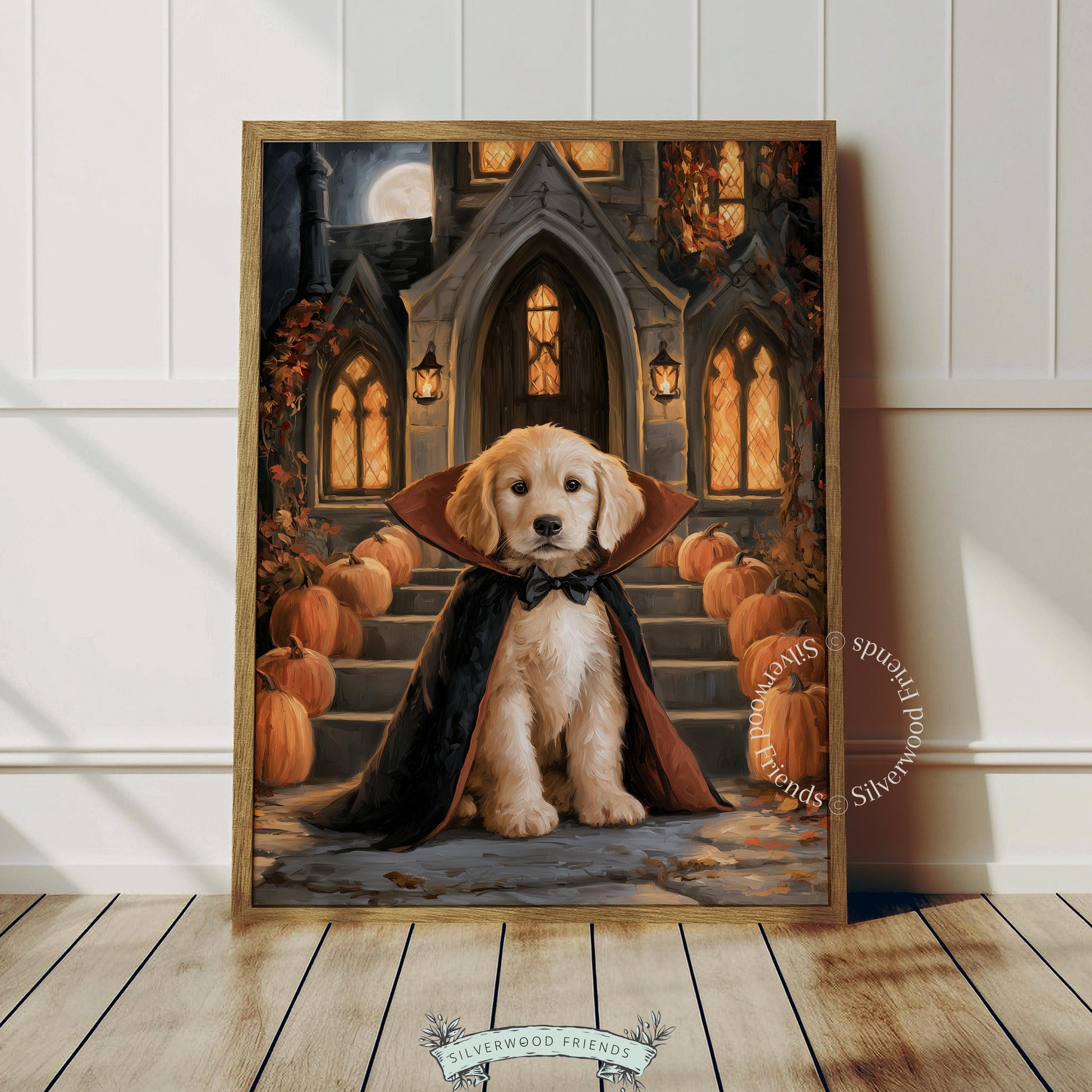 Puppy cape wall art instant download — witchy seasonal print with rustic stone church and autumn foliage